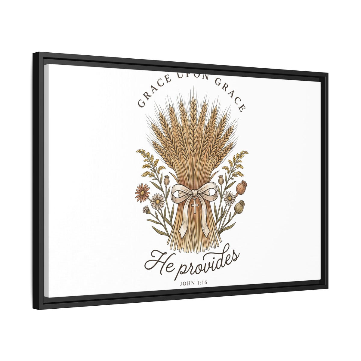 Framed Matte Canvas Wall Art — "He Provides" Wheat & Floral Religious Print