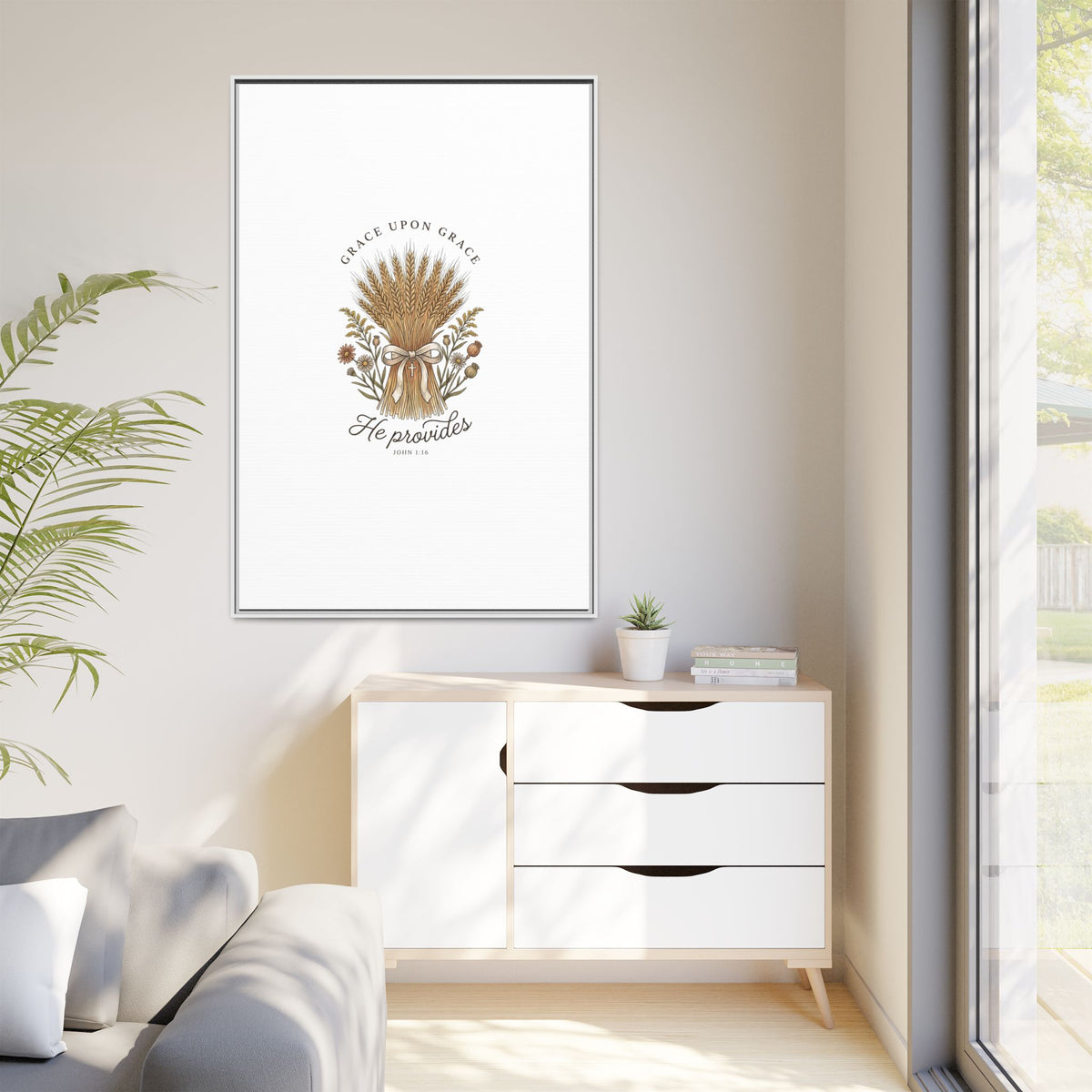 Framed Matte Canvas Wall Art — "He Provides" Wheat & Floral Religious Print