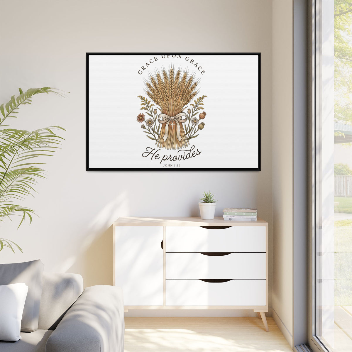 Framed Matte Canvas Wall Art — "He Provides" Wheat & Floral Religious Print