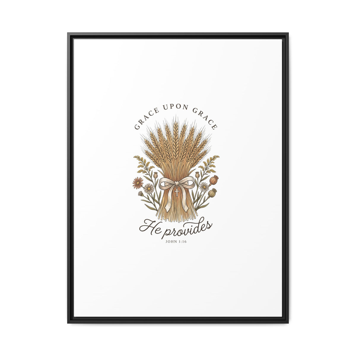 Framed Matte Canvas Wall Art — "He Provides" Wheat & Floral Religious Print