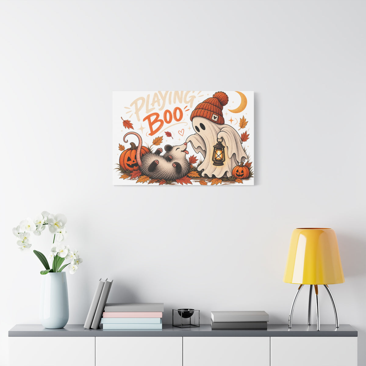 Playing Boo Canvas Wall Art — Cute Halloween Ghost & Possum Matte Stretched Print