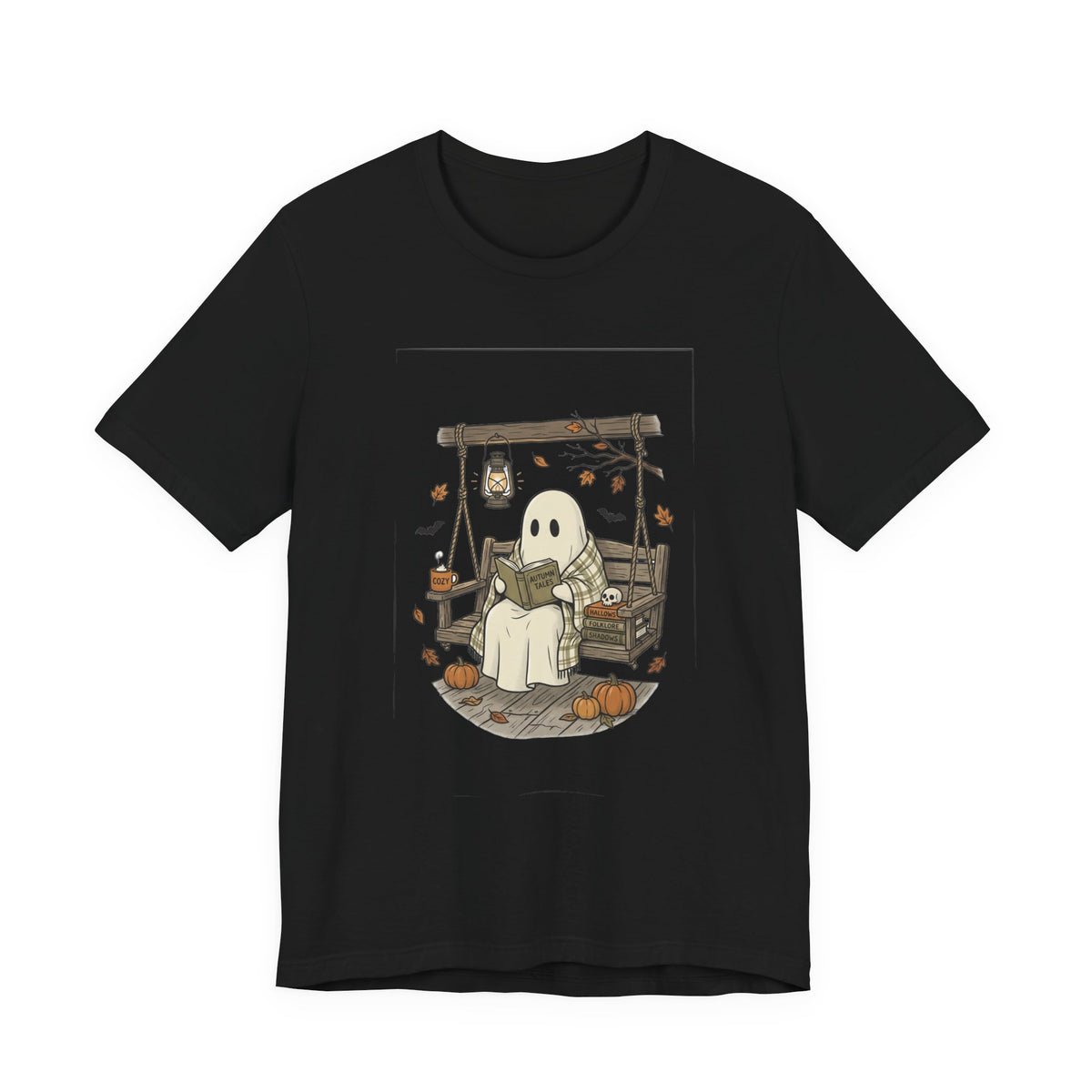 Ghost Reading in Armchair T-Shirt | Spooky Reader, Pumpkin & Candle