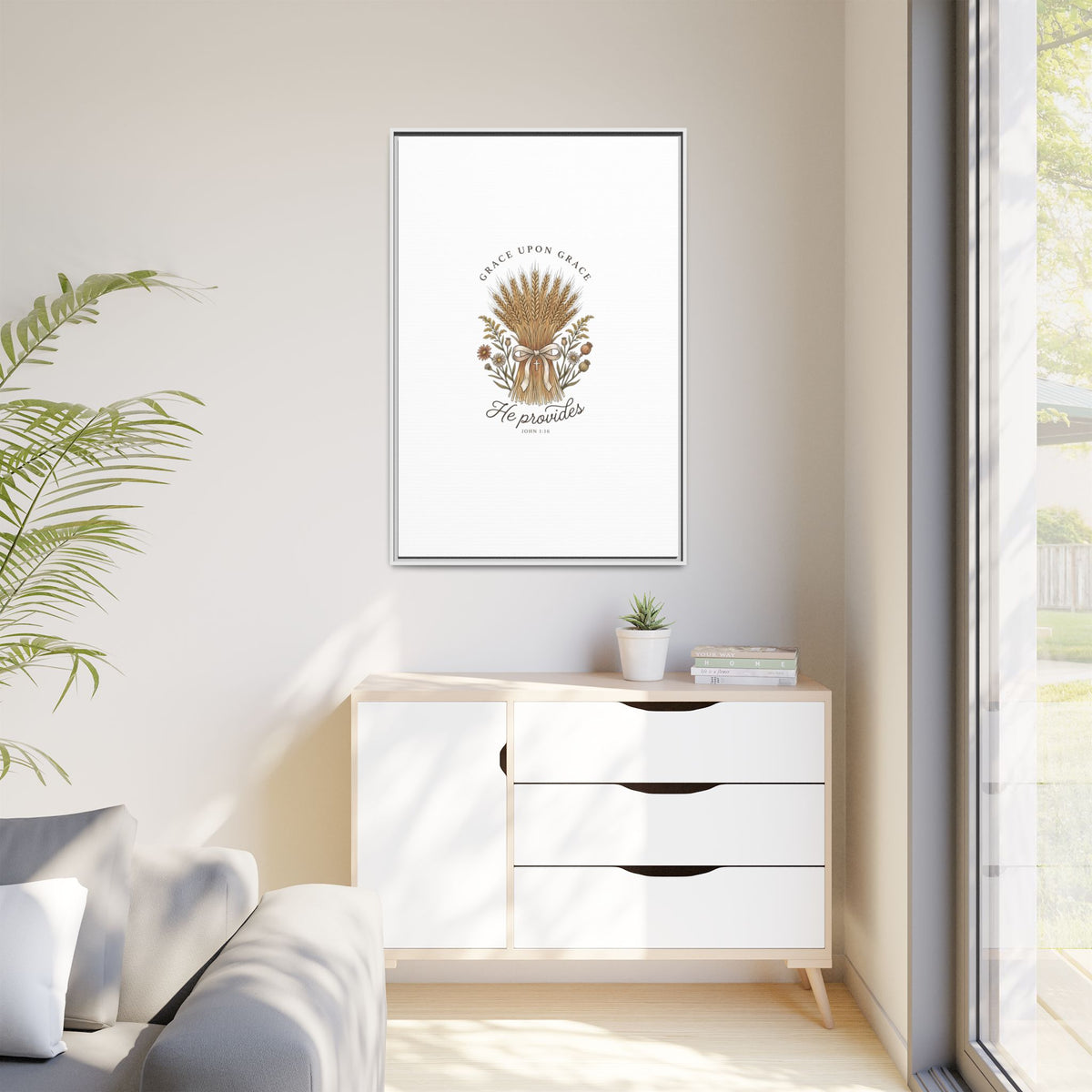 Framed Matte Canvas Wall Art — "He Provides" Wheat & Floral Religious Print