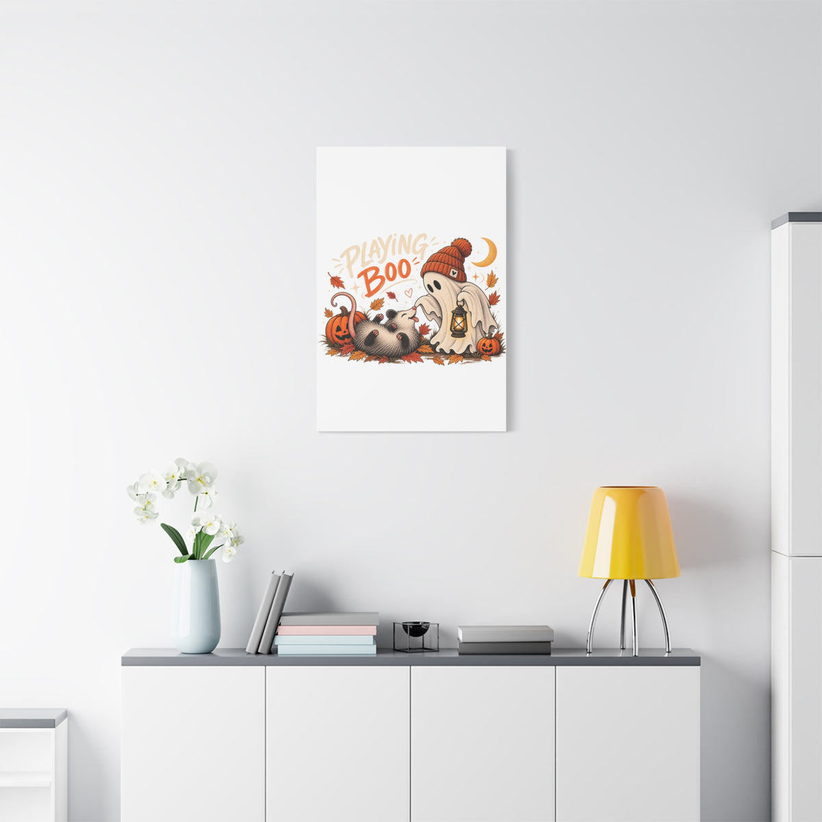 Playing Boo Canvas Wall Art — Cute Halloween Ghost & Possum Matte Stretched Print