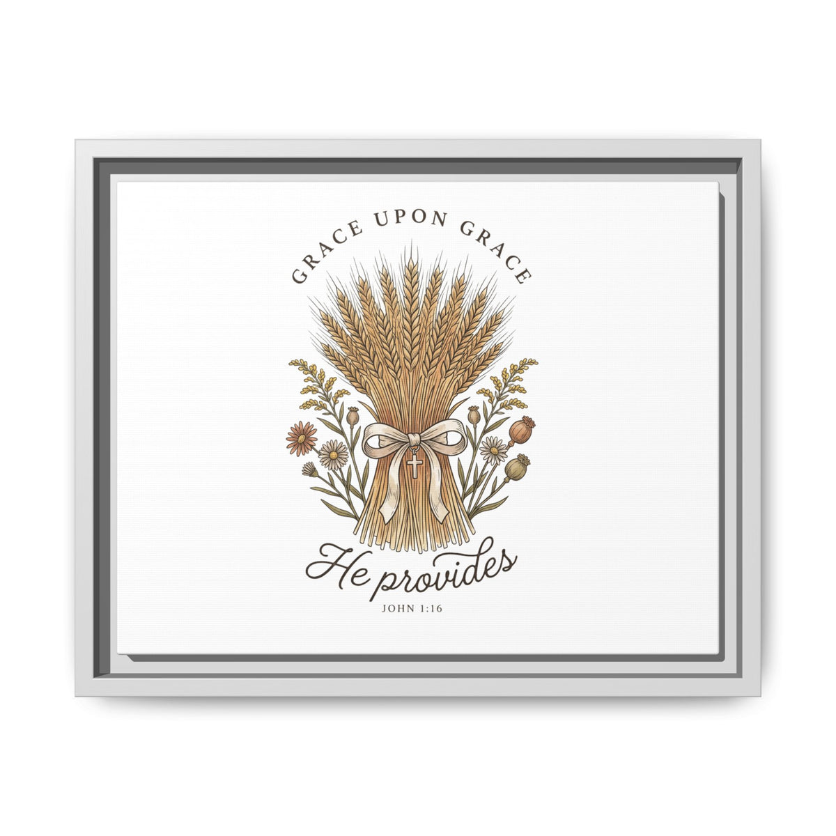 Framed Matte Canvas Wall Art — "He Provides" Wheat & Floral Religious Print