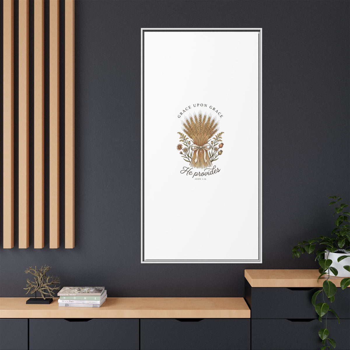 Framed Matte Canvas Wall Art — "He Provides" Wheat & Floral Religious Print