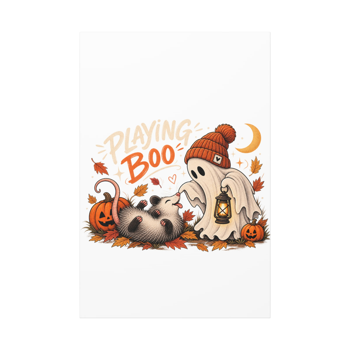 Playing Boo Canvas Wall Art — Cute Halloween Ghost & Possum Matte Stretched Print