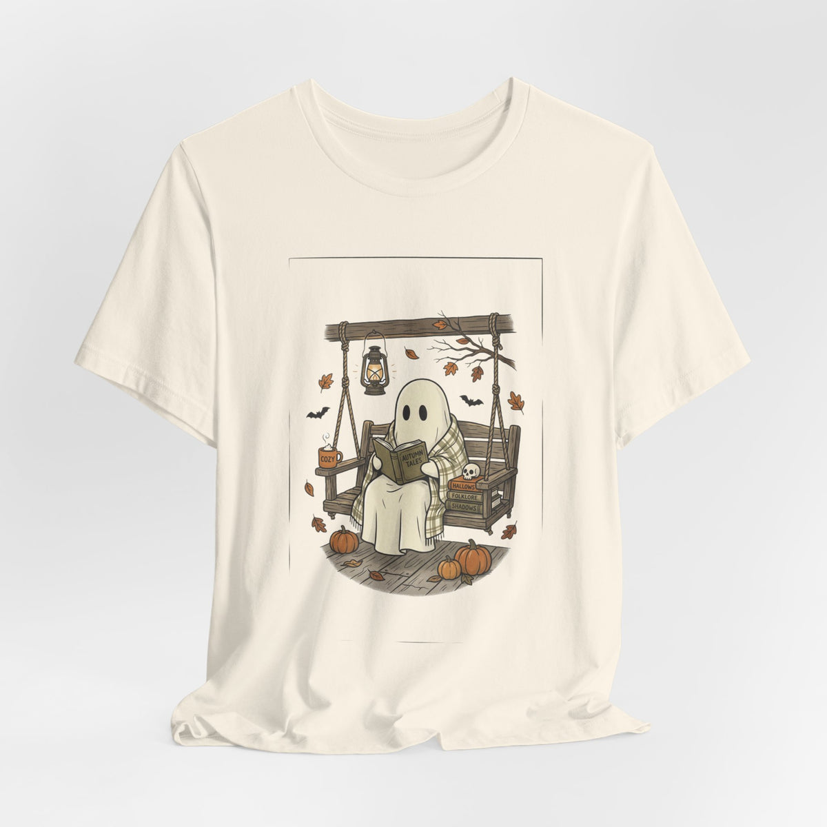Ghost Reading in Armchair T-Shirt | Spooky Reader, Pumpkin & Candle