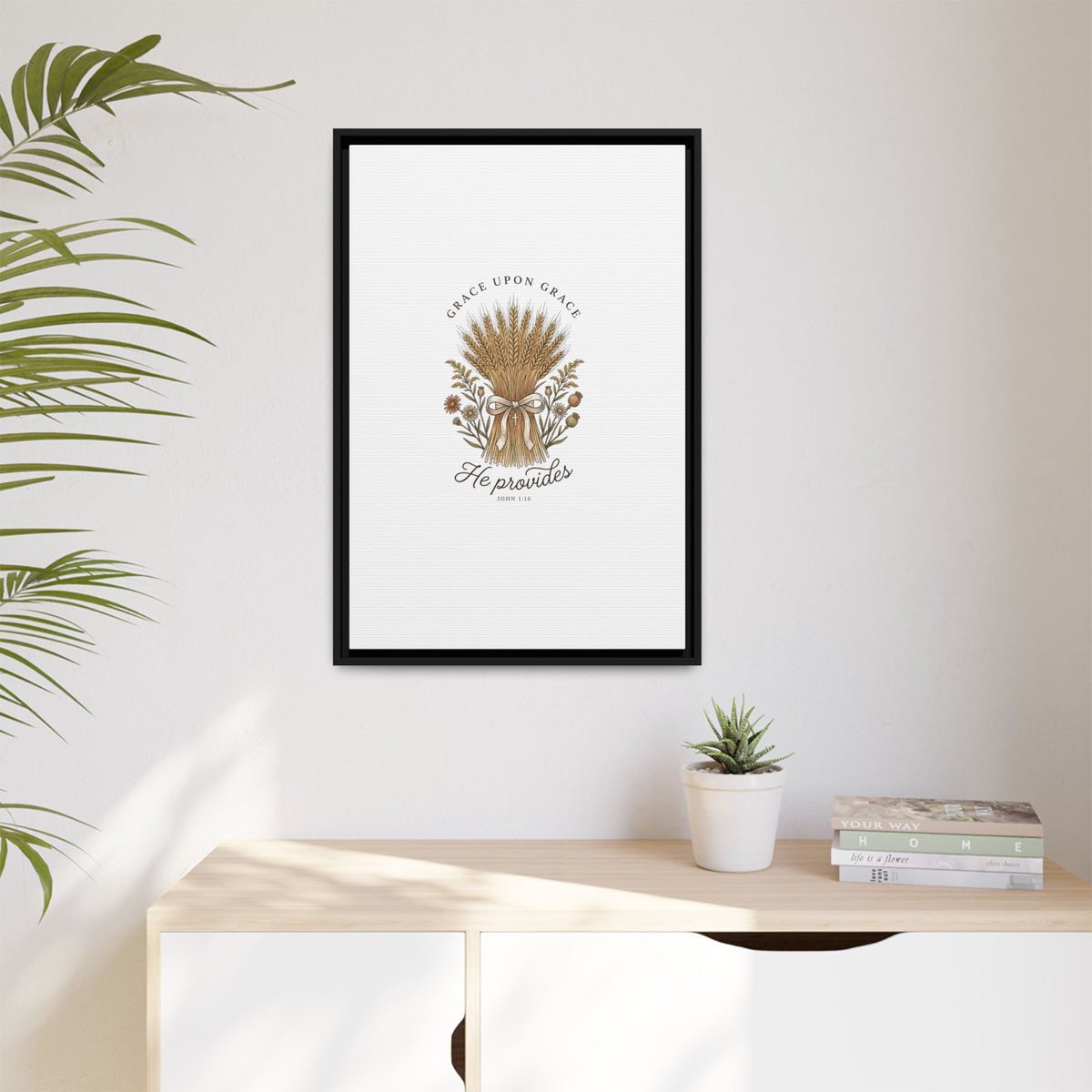 Framed Matte Canvas Wall Art — "He Provides" Wheat & Floral Religious Print
