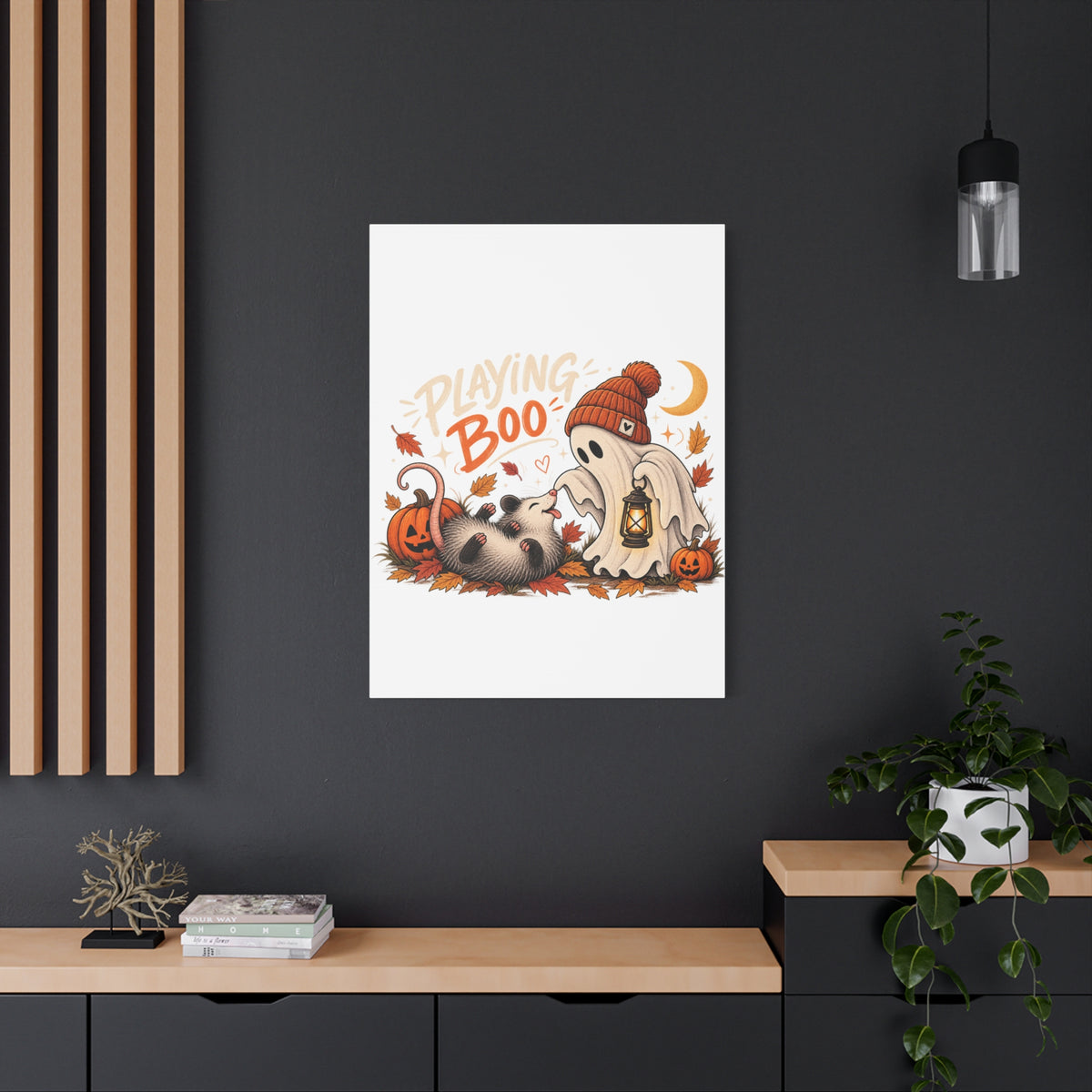 Playing Boo Canvas Wall Art — Cute Halloween Ghost & Possum Matte Stretched Print