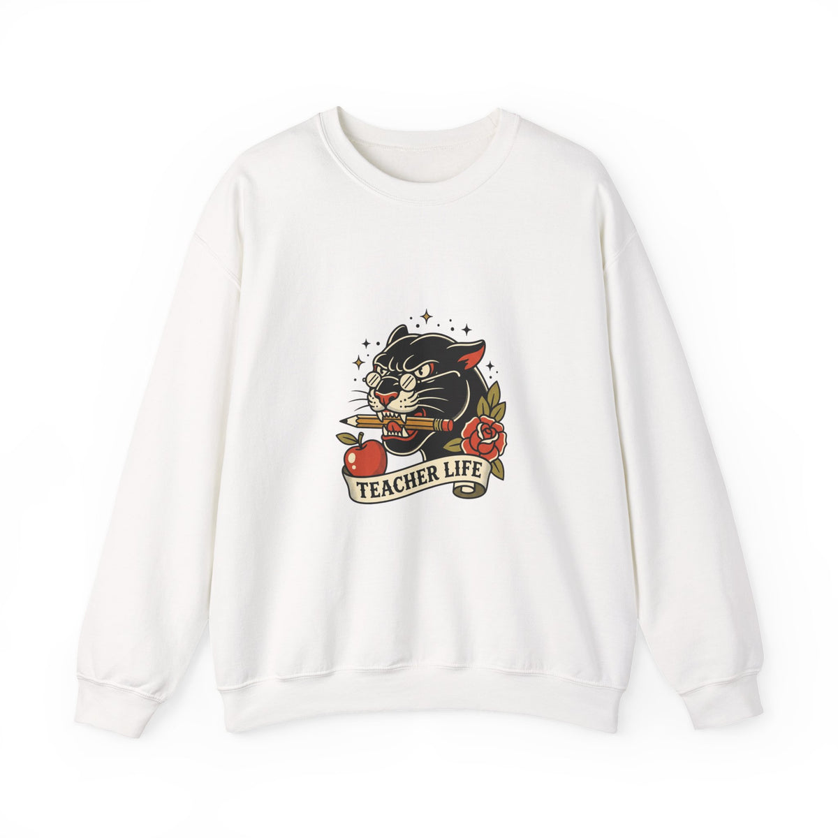 Teacher Life Sweatshirt | Traditional Tattoo Cat, Banner & Roses