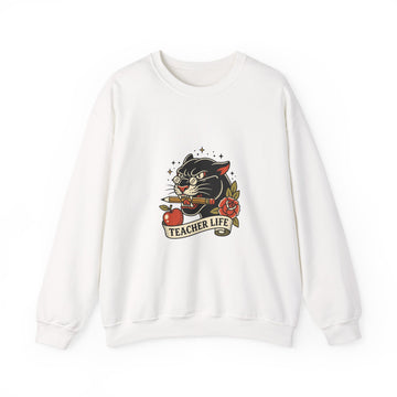 Teacher Life Sweatshirt | Traditional Tattoo Cat, Banner & Roses