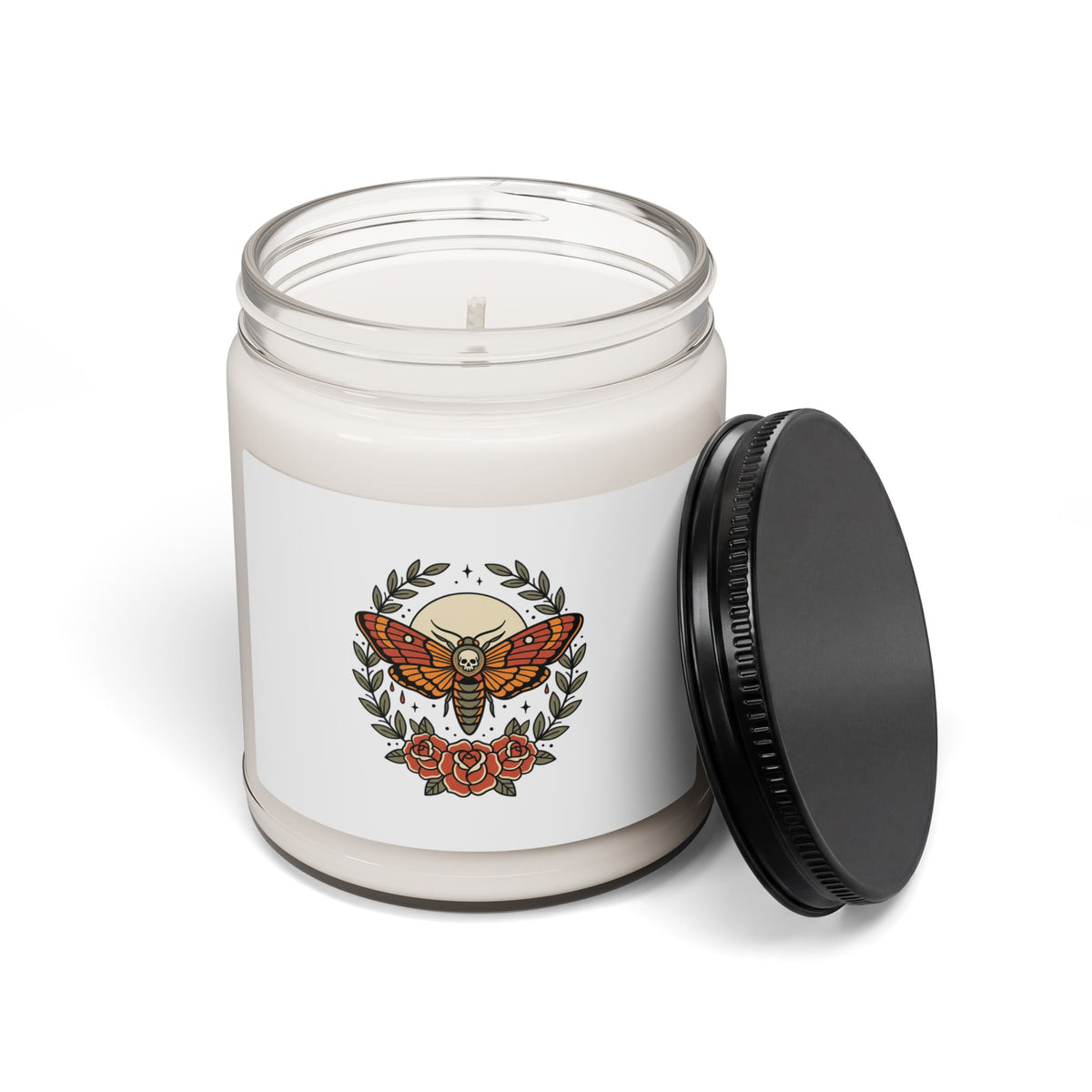Moth & Roses Candle, Soy Jar Candle | Traditional Tattoo Flash, Floral Banner