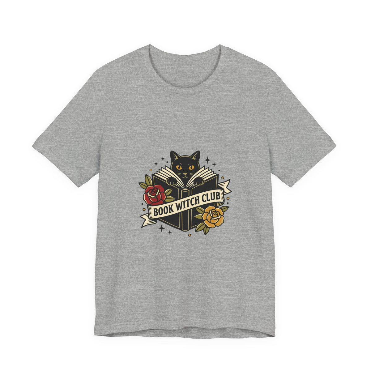Book Witch Club tee | Traditional tattoo flash cat, roses, banner