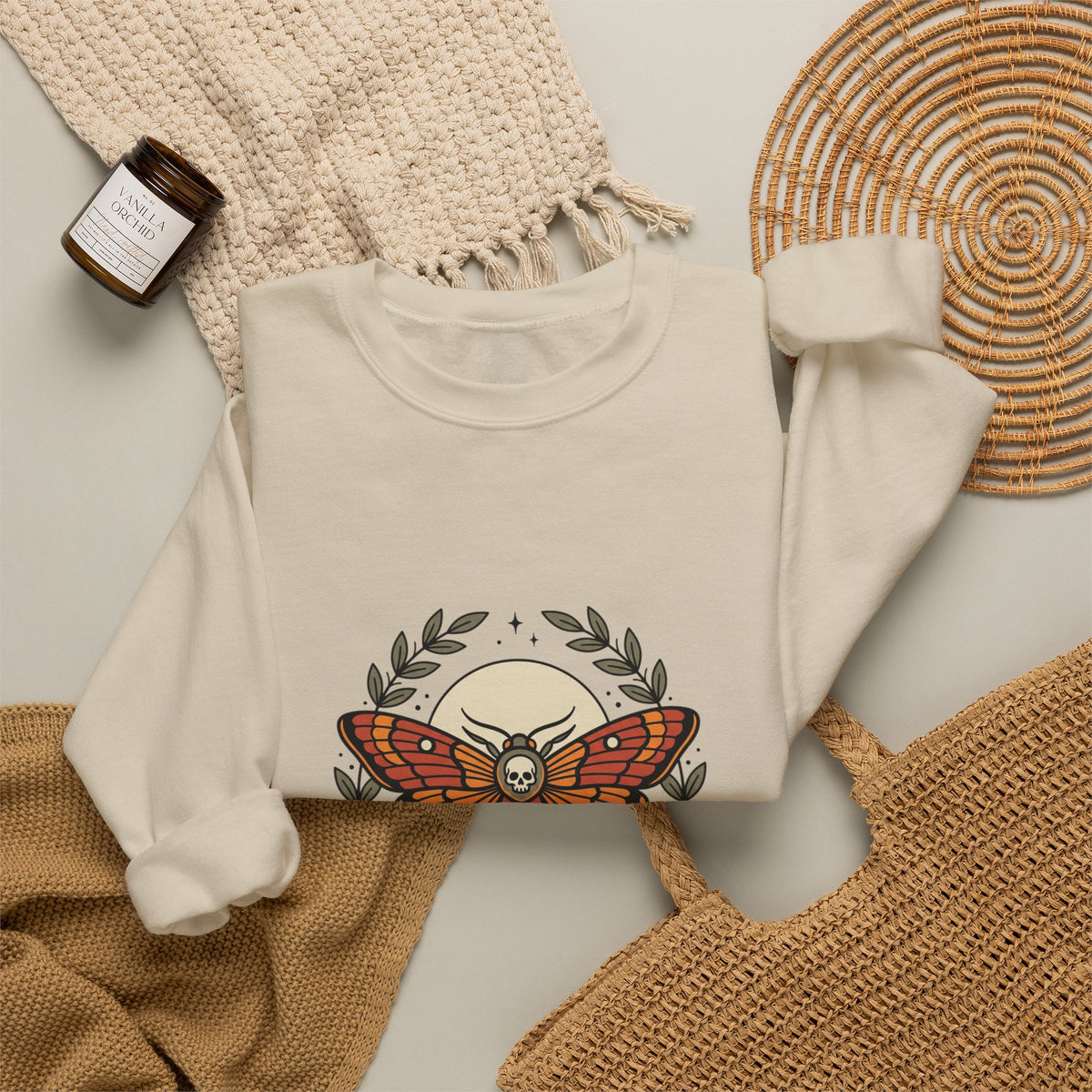 Moth & Roses Crewneck Sweatshirt | Traditional Tattoo-Inspired, Vintage Flash
