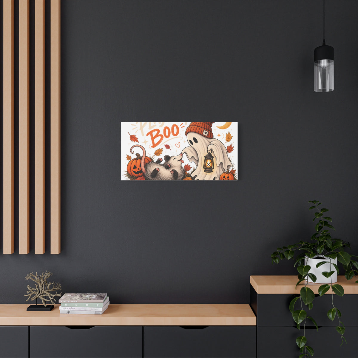 Playing Boo Canvas Wall Art — Cute Halloween Ghost & Possum Matte Stretched Print