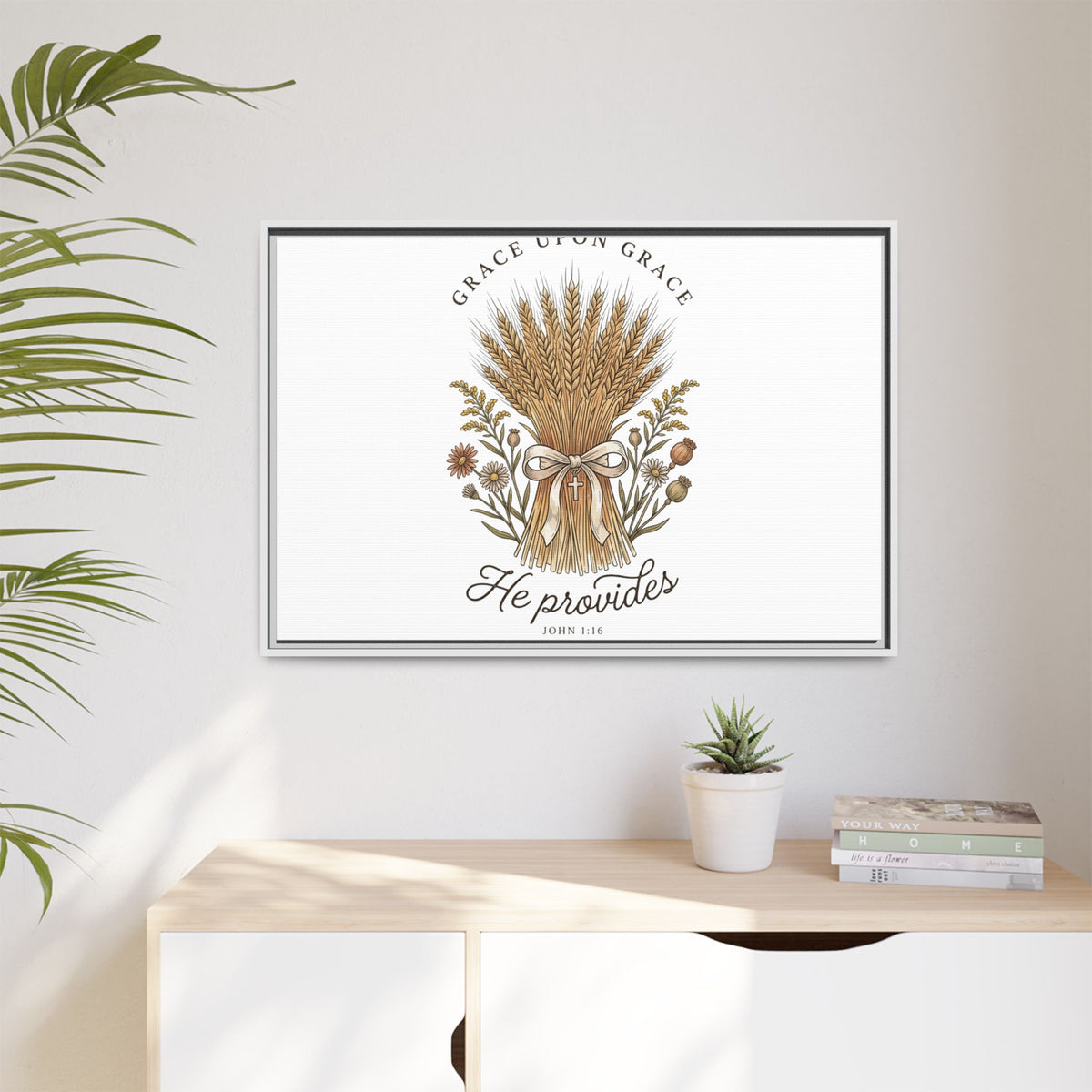 Framed Matte Canvas Wall Art — "He Provides" Wheat & Floral Religious Print
