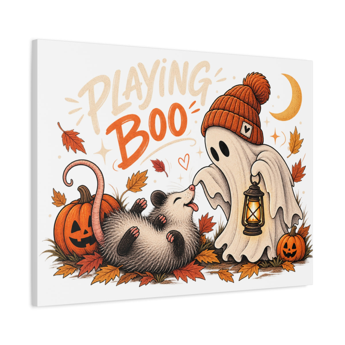 Playing Boo Canvas Wall Art — Cute Halloween Ghost & Possum Matte Stretched Print