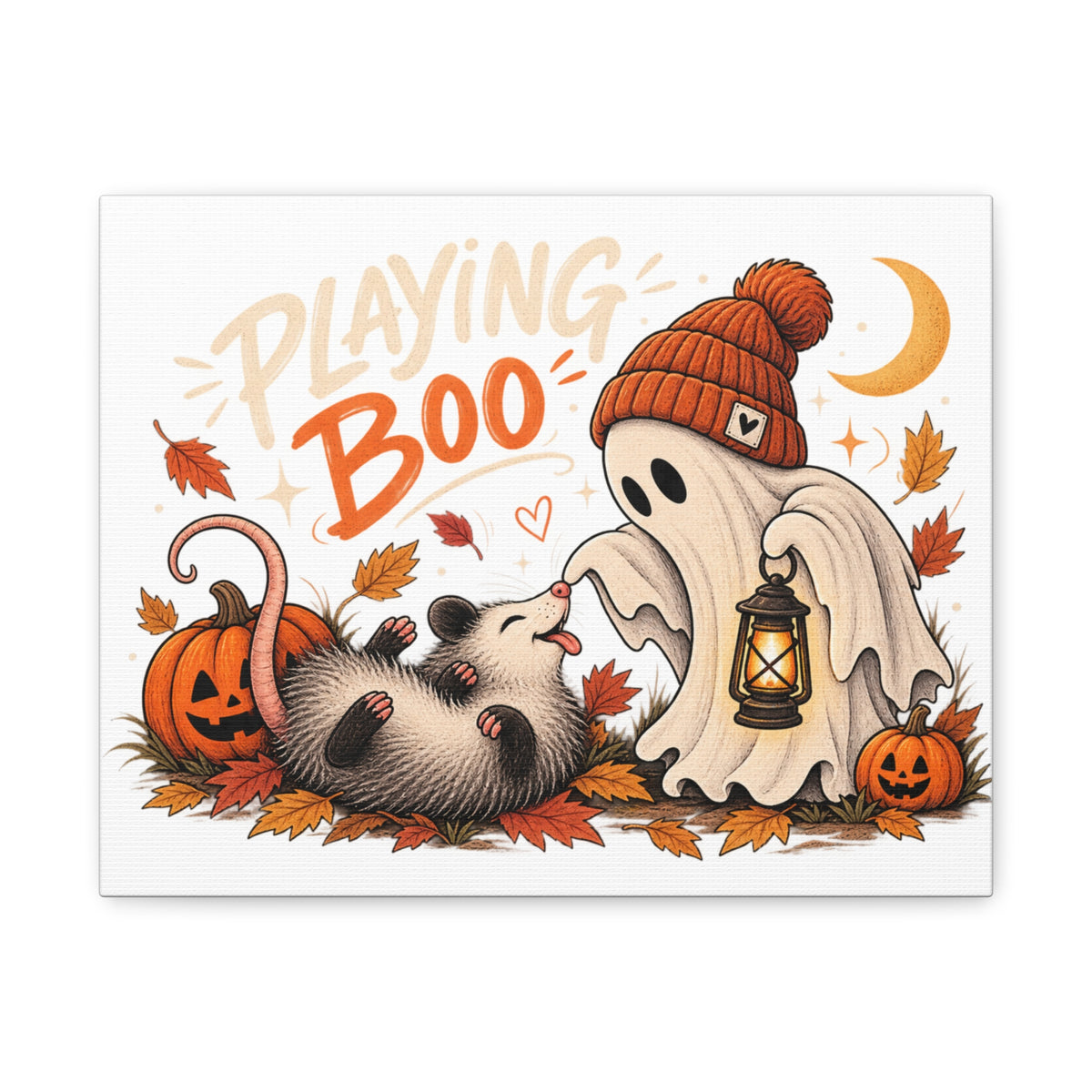 Playing Boo Canvas Wall Art — Cute Halloween Ghost & Possum Matte Stretched Print