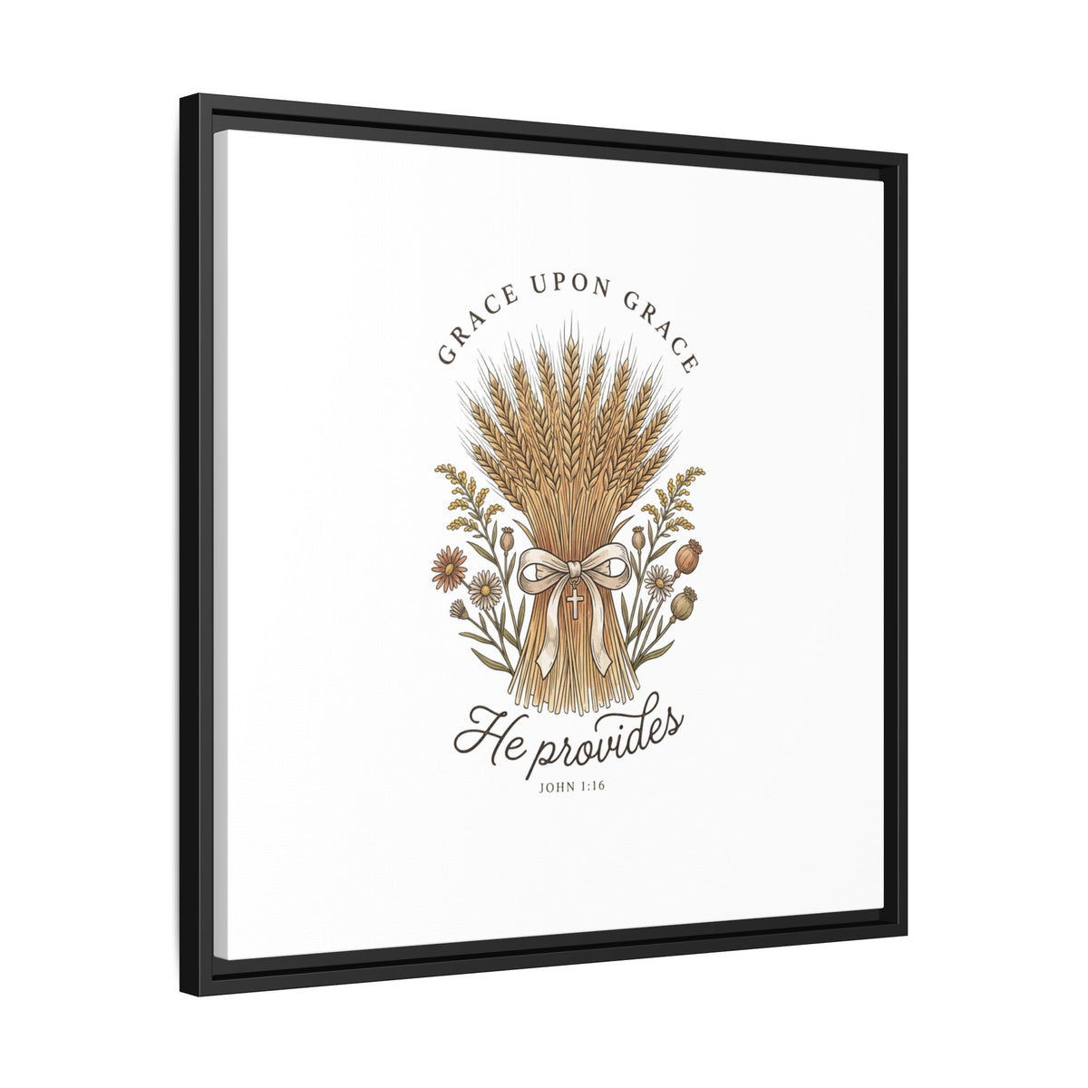 Framed Matte Canvas Wall Art — "He Provides" Wheat & Floral Religious Print
