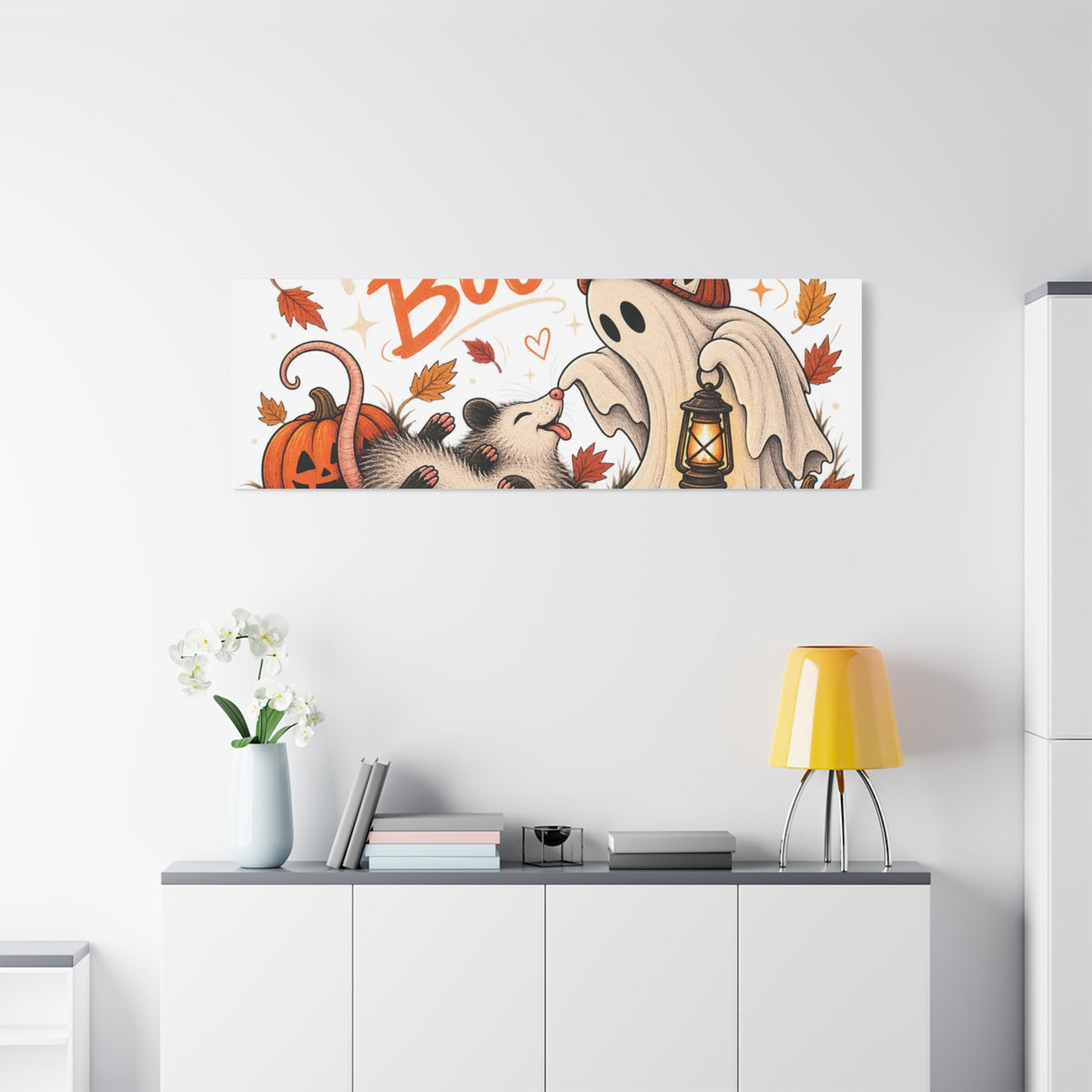 Playing Boo Canvas Wall Art — Cute Halloween Ghost & Possum Matte Stretched Print