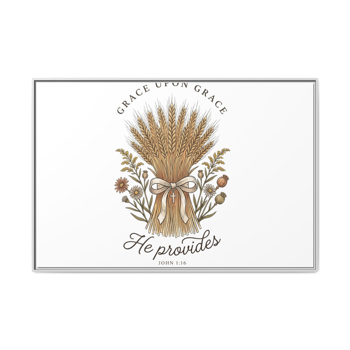 Framed Matte Canvas Wall Art — "He Provides" Wheat & Floral Religious Print
