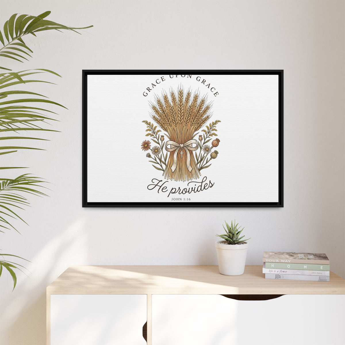 Framed Matte Canvas Wall Art — "He Provides" Wheat & Floral Religious Print