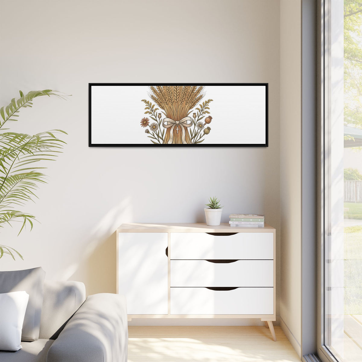 Framed Matte Canvas Wall Art — "He Provides" Wheat & Floral Religious Print