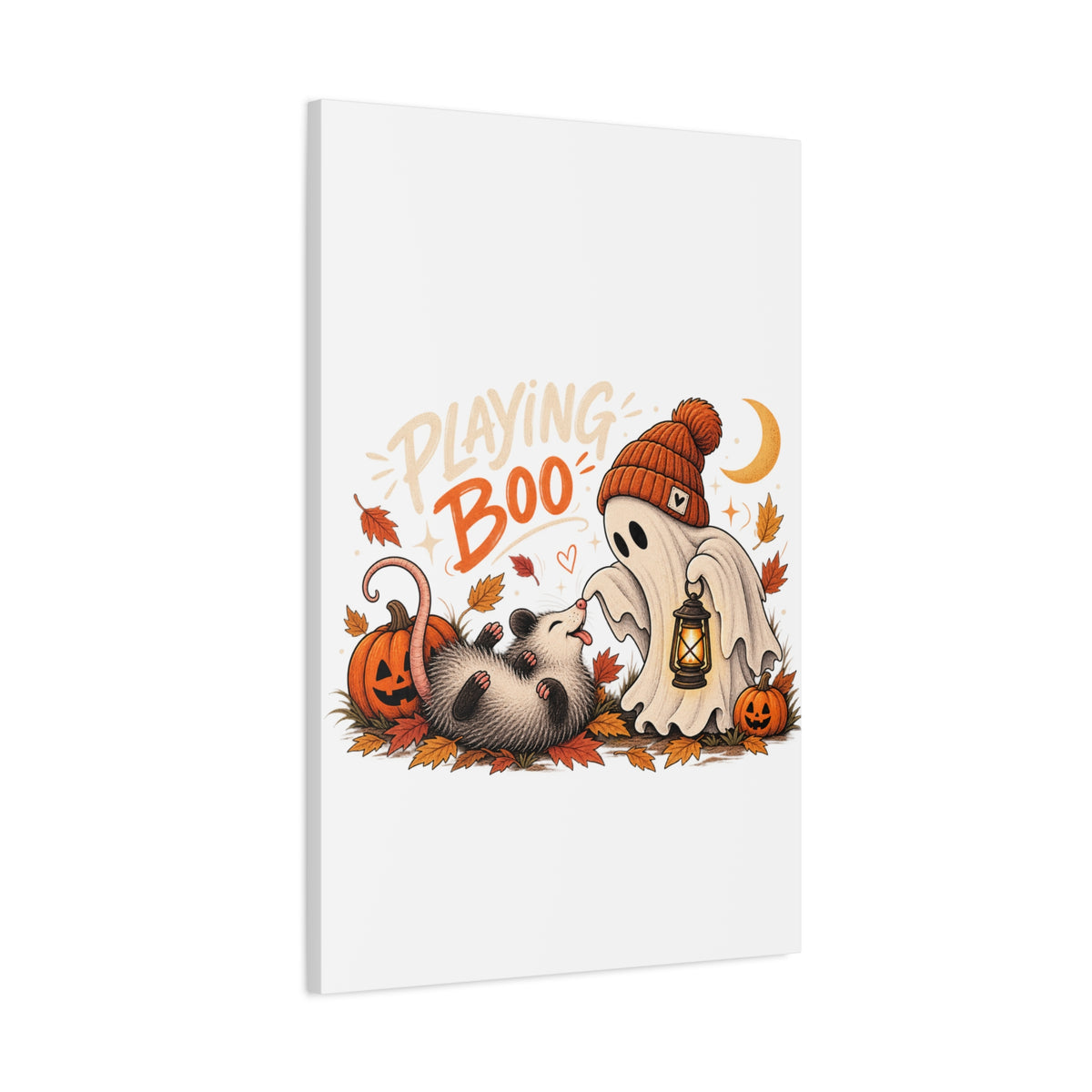 Playing Boo Canvas Wall Art — Cute Halloween Ghost & Possum Matte Stretched Print