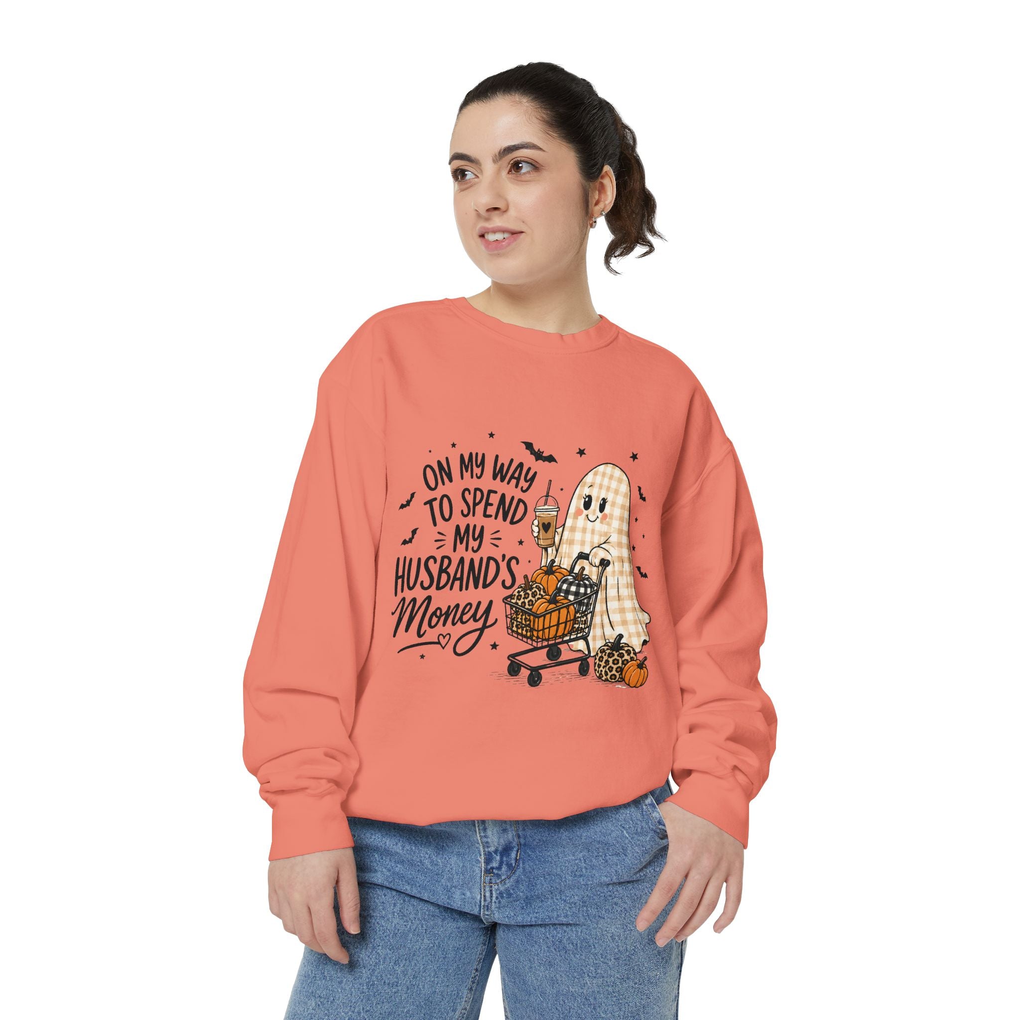 Halloween Ghost Sweatshirt — “On My Way to Spend My Husband’s Money” Cozy Pullover