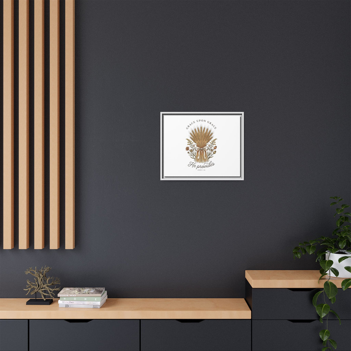 Framed Matte Canvas Wall Art — "He Provides" Wheat & Floral Religious Print