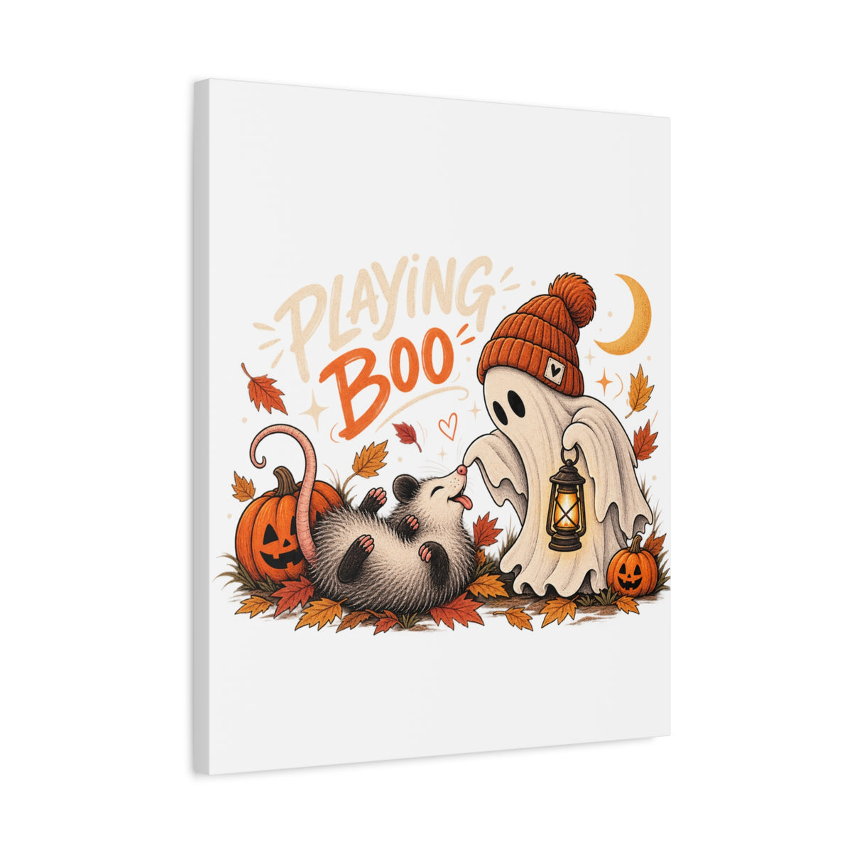 Playing Boo Canvas Wall Art — Cute Halloween Ghost & Possum Matte Stretched Print