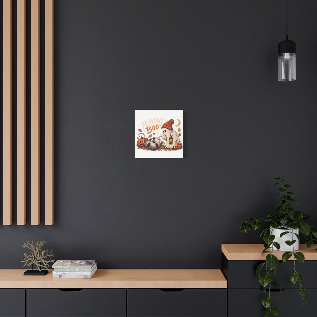 Playing Boo Canvas Wall Art — Cute Halloween Ghost & Possum Matte Stretched Print