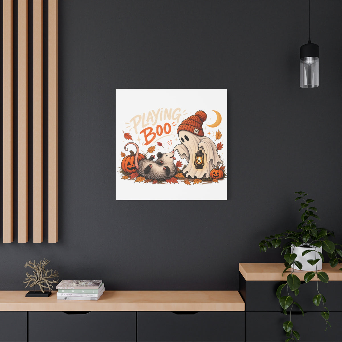 Playing Boo Canvas Wall Art — Cute Halloween Ghost & Possum Matte Stretched Print