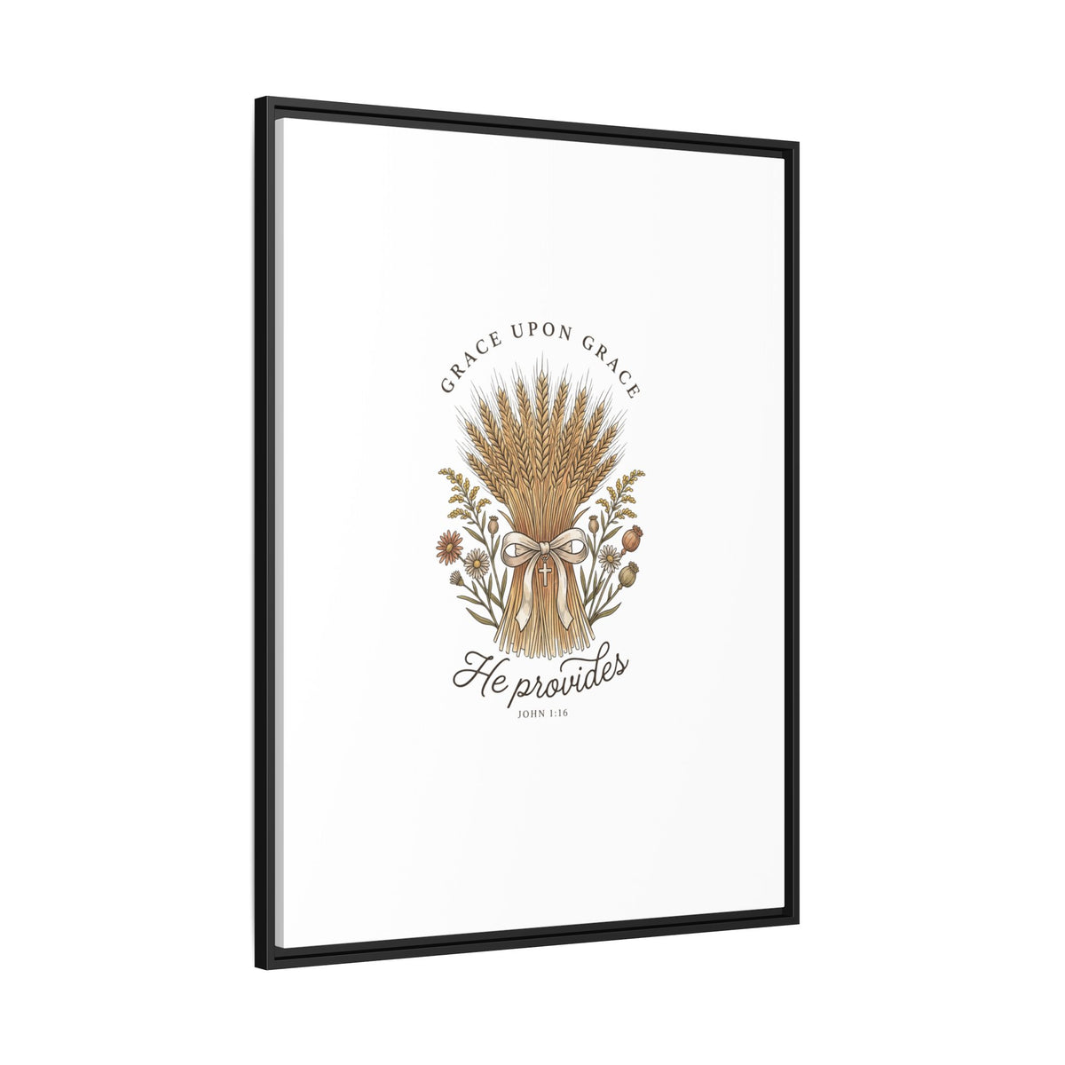 Framed Matte Canvas Wall Art — "He Provides" Wheat & Floral Religious Print