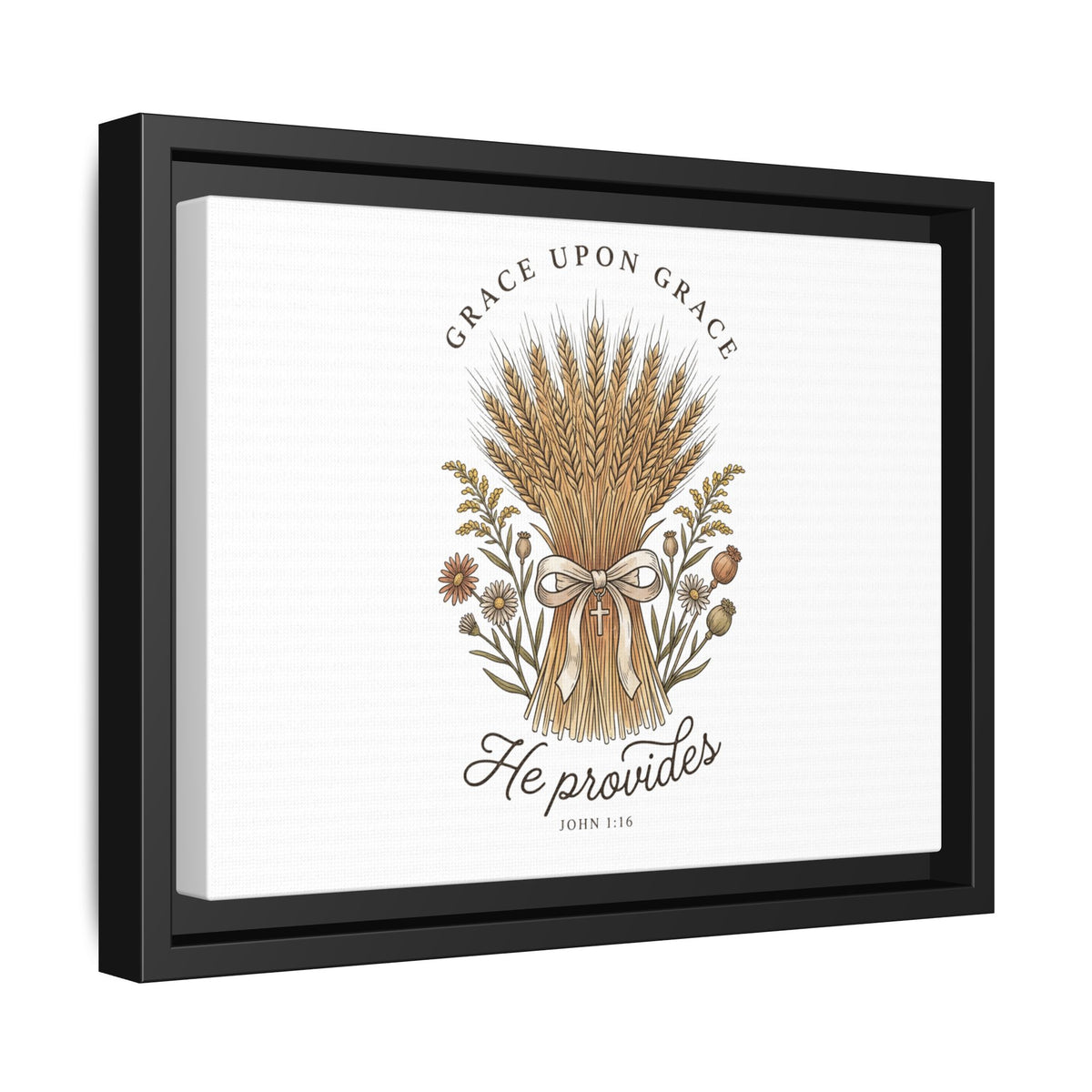 Framed Matte Canvas Wall Art — "He Provides" Wheat & Floral Religious Print