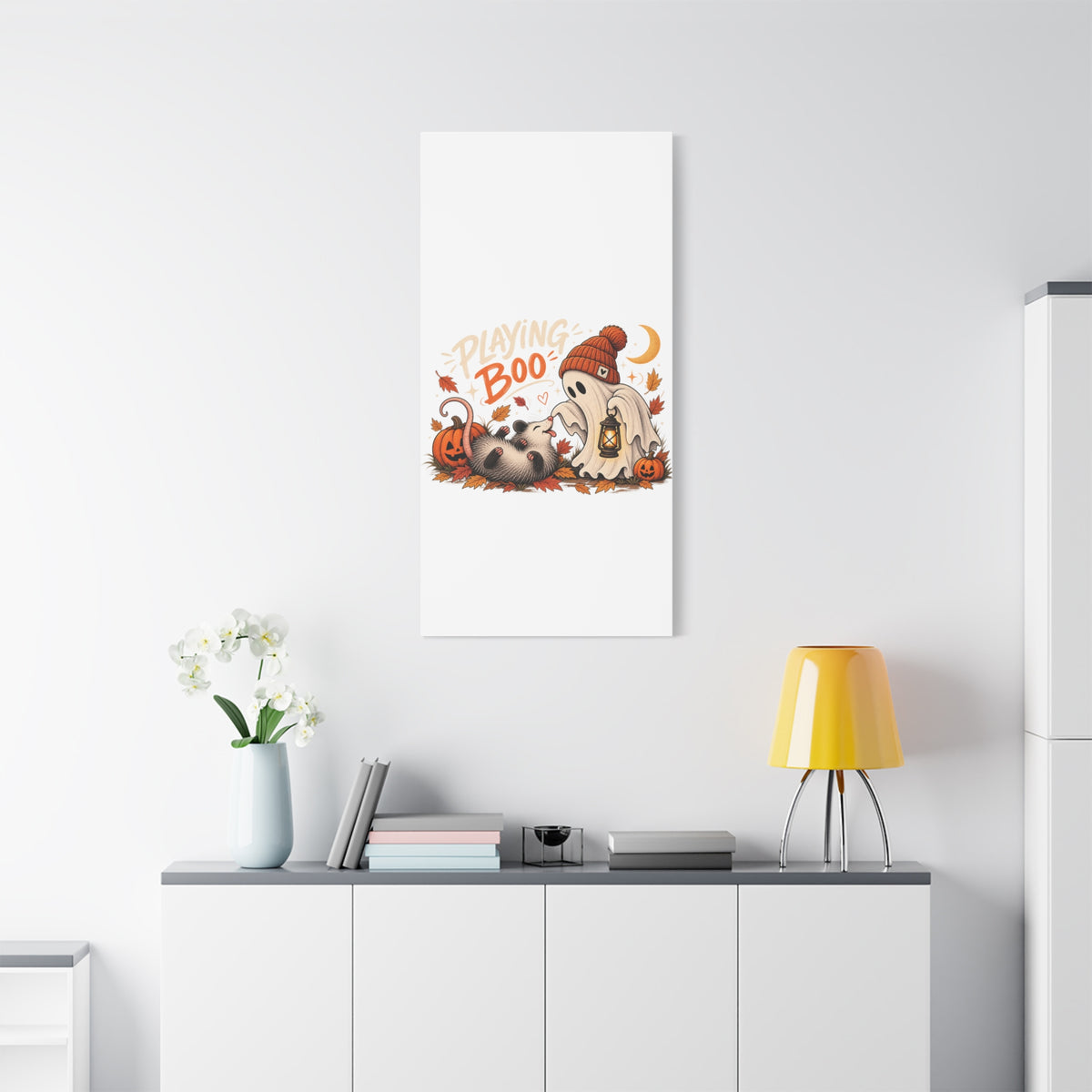 Playing Boo Canvas Wall Art — Cute Halloween Ghost & Possum Matte Stretched Print