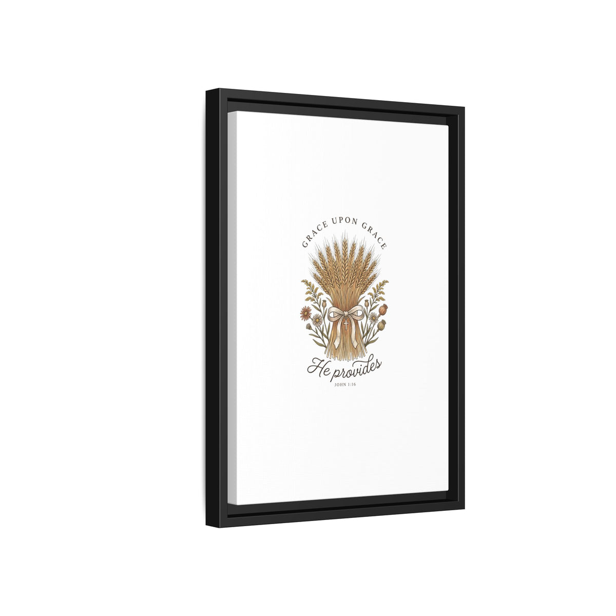 Framed Matte Canvas Wall Art — "He Provides" Wheat & Floral Religious Print