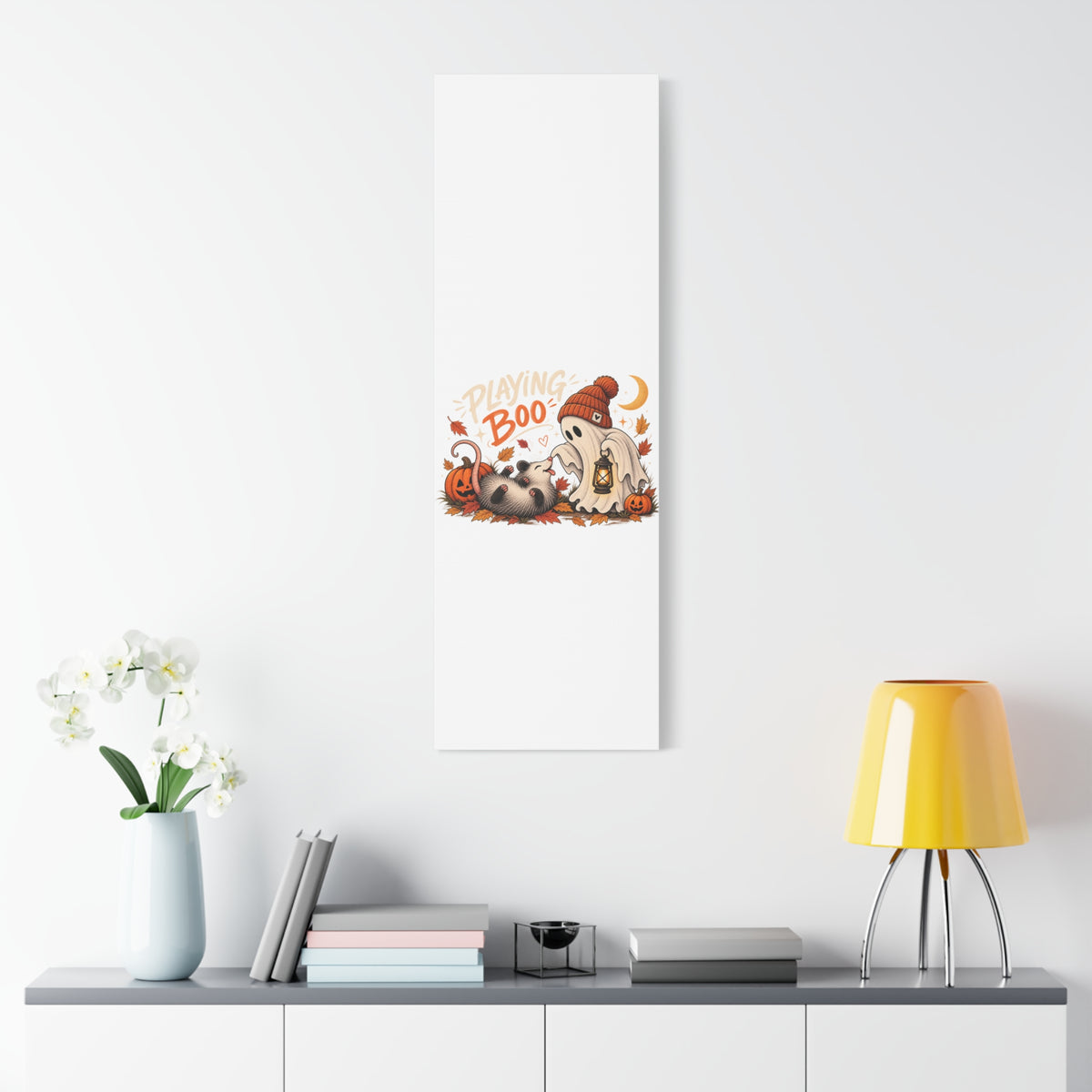 Playing Boo Canvas Wall Art — Cute Halloween Ghost & Possum Matte Stretched Print