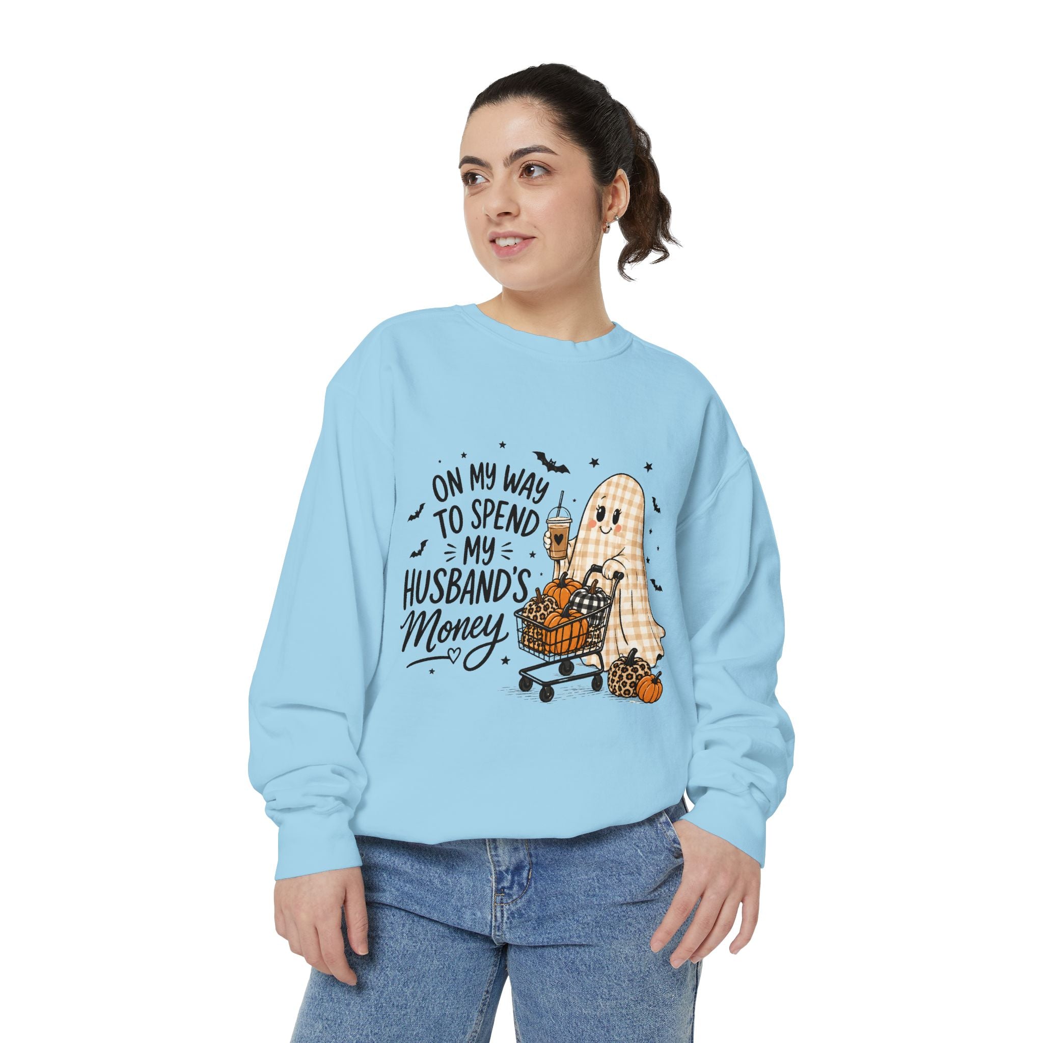 Halloween Ghost Sweatshirt — “On My Way to Spend My Husband’s Money” Cozy Pullover