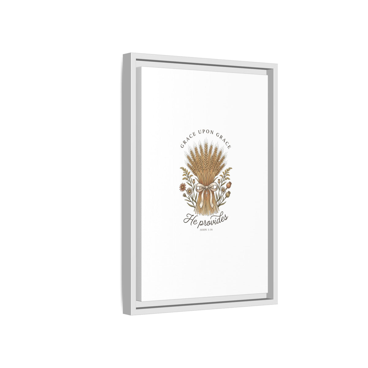 Framed Matte Canvas Wall Art — "He Provides" Wheat & Floral Religious Print