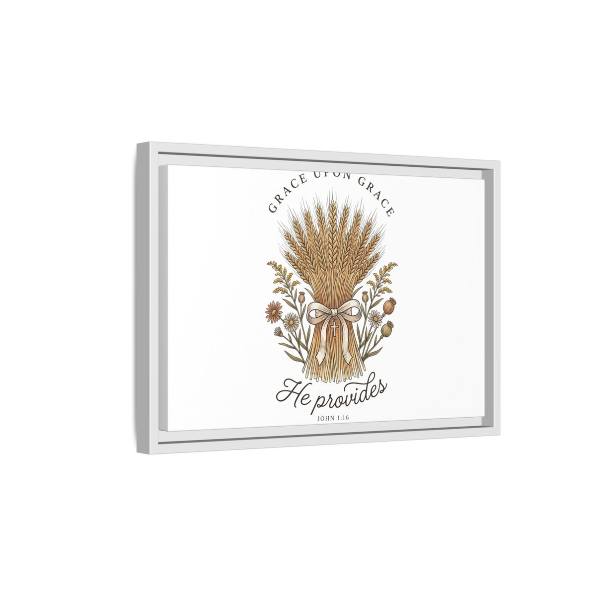 Framed Matte Canvas Wall Art — "He Provides" Wheat & Floral Religious Print