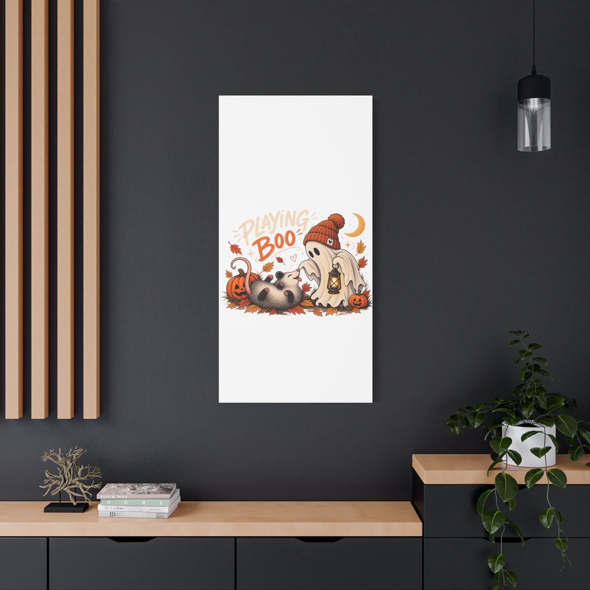 Playing Boo Canvas Wall Art — Cute Halloween Ghost & Possum Matte Stretched Print