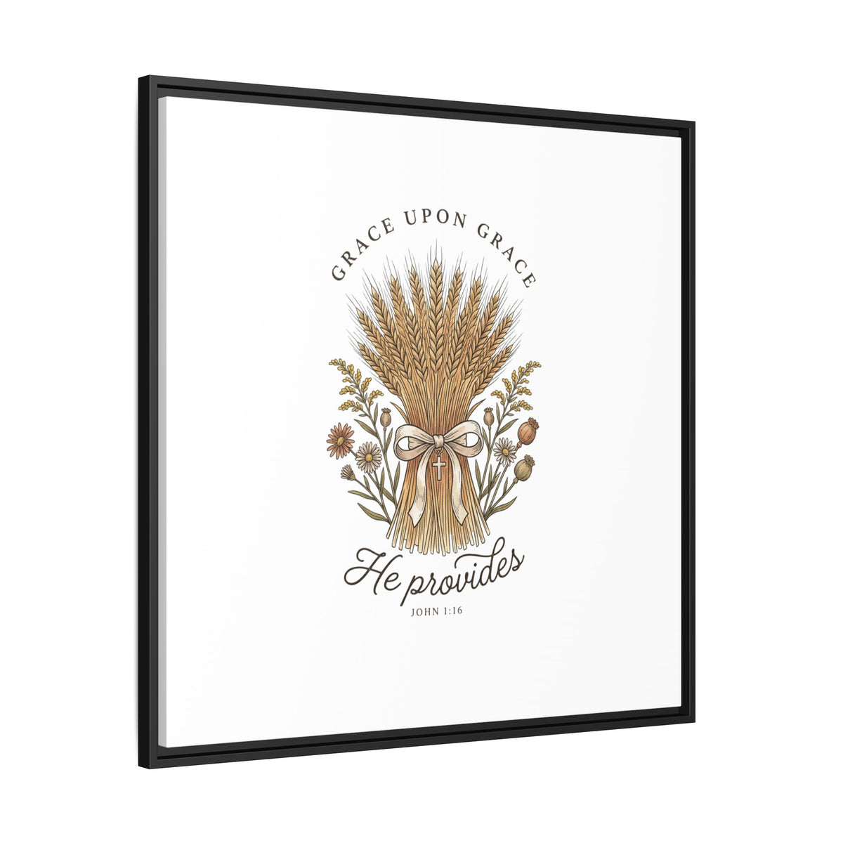 Framed Matte Canvas Wall Art — "He Provides" Wheat & Floral Religious Print