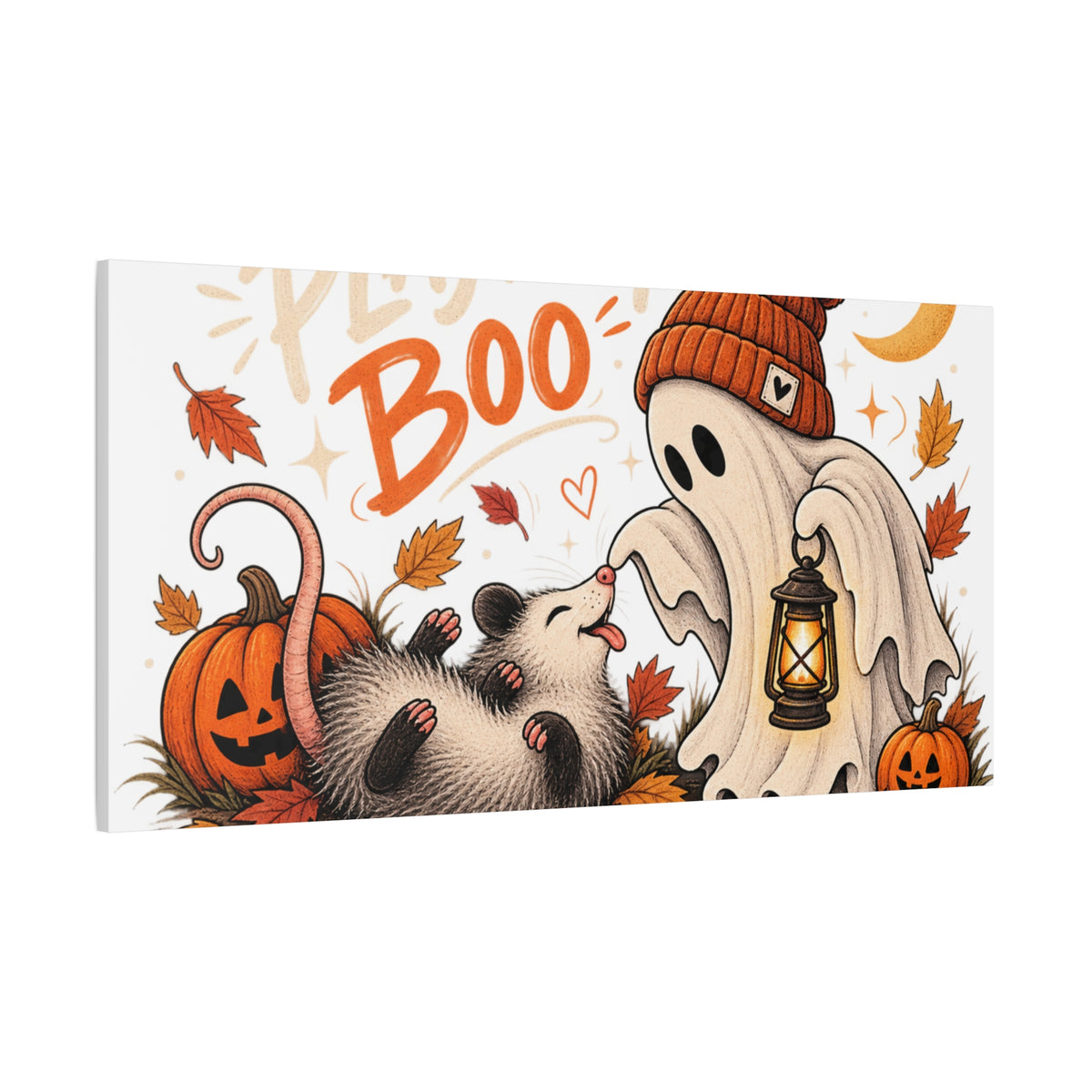 Playing Boo Canvas Wall Art — Cute Halloween Ghost & Possum Matte Stretched Print