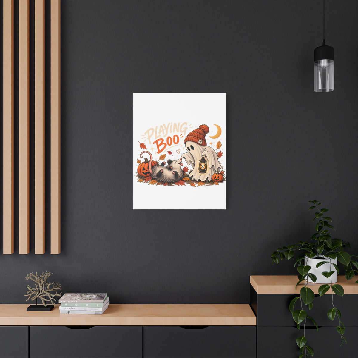 Playing Boo Canvas Wall Art — Cute Halloween Ghost & Possum Matte Stretched Print
