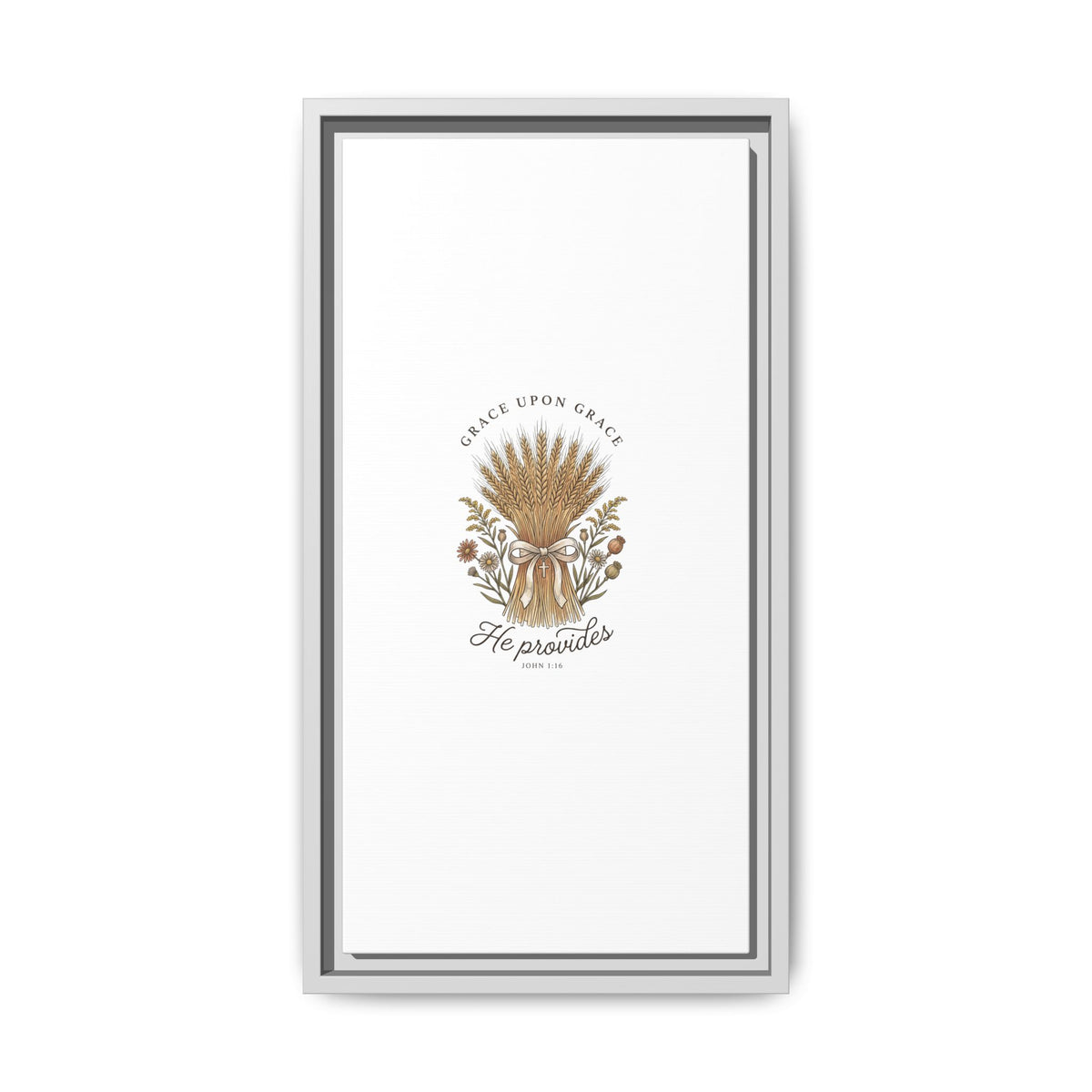 Framed Matte Canvas Wall Art — "He Provides" Wheat & Floral Religious Print