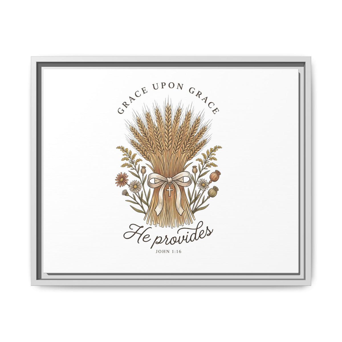 Framed Matte Canvas Wall Art — "He Provides" Wheat & Floral Religious Print