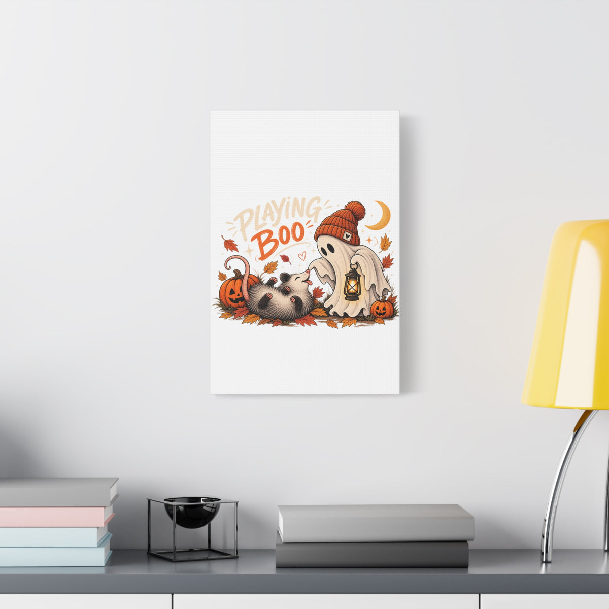 Playing Boo Canvas Wall Art — Cute Halloween Ghost & Possum Matte Stretched Print