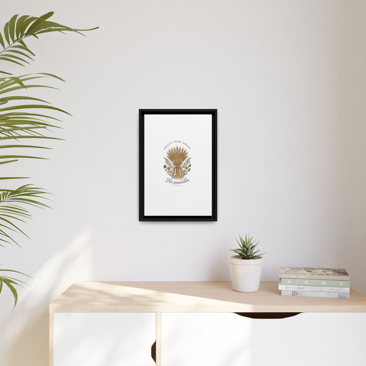 Framed Matte Canvas Wall Art — "He Provides" Wheat & Floral Religious Print